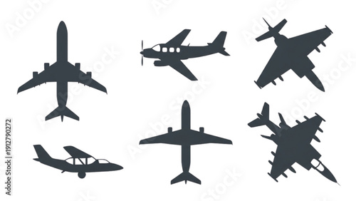 Collection of various airplane silhouettes viewed from different angles and perspectives