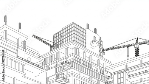 Construction site illustration showing building architecture with cranes and scaffolding from an angled viewpoint