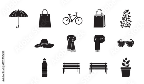 Collection of modern lifestyle icons including accessories and outdoor elements