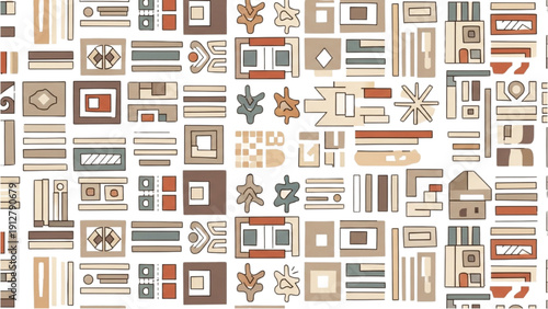 A diverse collection of geometric shapes and icons arranged in a grid pattern on a neutral background, viewed from directly above.