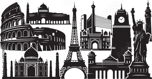 Famous landmarks of the world in black and white