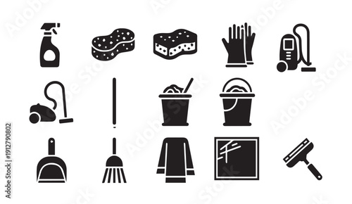 Cleaning supplies and tools icons set on white background