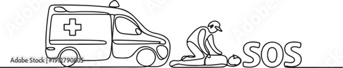 Single one line drawing medical response. SOS concept.one line victor illustration in white Background