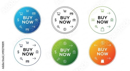 Colorful 'buy now' buttons with shopping icons on white background for e commerce and online shopping