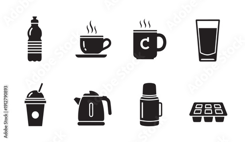Set of black beverage icons including coffee and tea