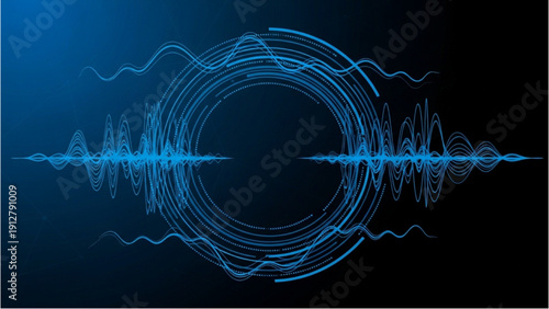 Sound wave visualization illustrating audio signal processing in a dark environment from a front viewpoint