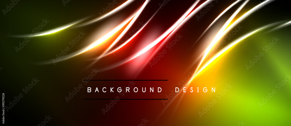Naklejka premium Abstract background features vibrant lines, gradients. Red, yellow hues dominate dark space. Modern design element.