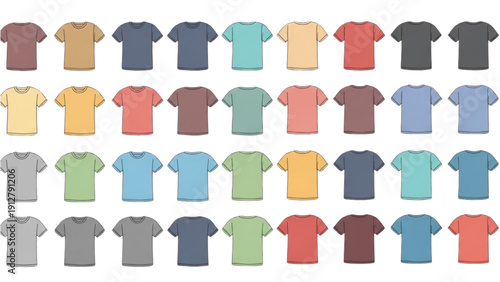 Assorted colored t-shirts arranged in a grid pattern on a plain background from a top-down viewpoint