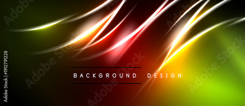 Abstract background features vibrant lines, gradients. Red, yellow hues dominate dark space. Modern design element.
