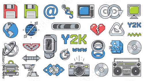 A collection of retro technology icons and symbols displayed together on a clean background