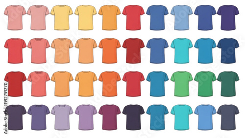 A collection of colorful t-shirts in various hues displayed on a grid