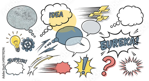 Comic Speech Bubbles and Symbols: Idea, Eureka, Surprise, Question Mark, Lightbulb