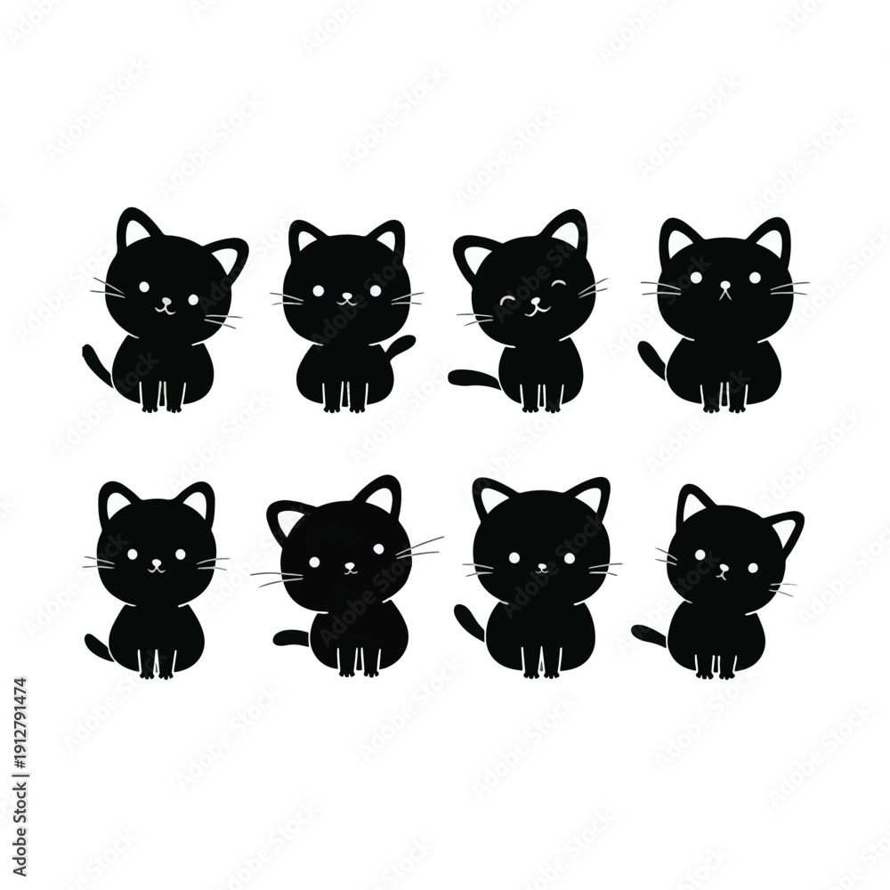 Obraz premium Adorable black Cartoon Kitten Characters Collection
