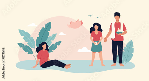 Illustration of Three People Relaxing Together.