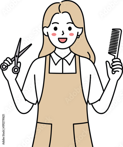Hairdresser cartoon, smiling barber, apron, scissors and comb, salon professional, rosy cheeks, long hair, vector illustration, stylist