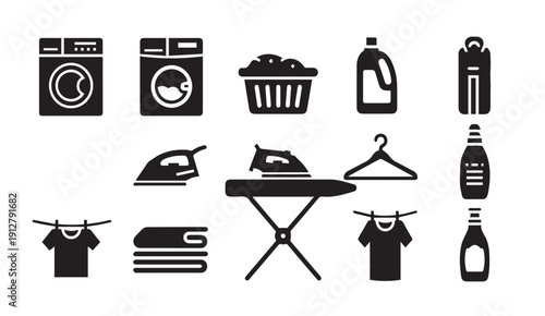 Laundry and ironing icons set with household chores symbols