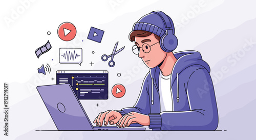 Man Working on Laptop with Headphones.