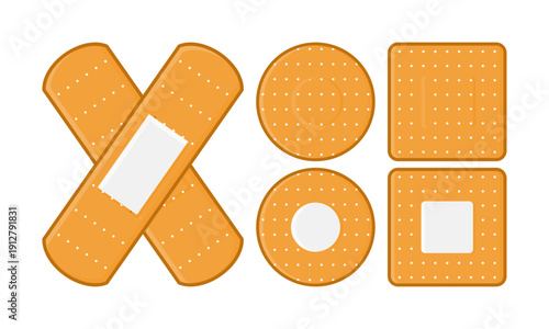 Collection of Medical Adhesive Plasters with Brown Outline Vector Illustration. Suitable for Medical Supplies, First Aid, and Pharmaceuticals.