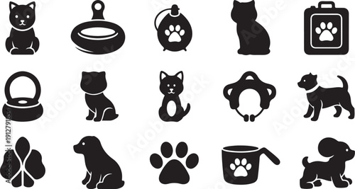 Black and white pet icons and symbols collection