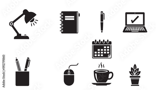 Modern office supplies and technology icons set