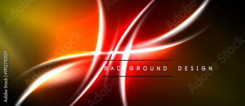 Abstract design features vibrant orange, red glows. Dynamic lines create energetic visual impact against dark backdrop. Modern aesthetic.