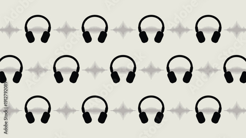 Black headphones on gray sound wave background for music and podcast concepts