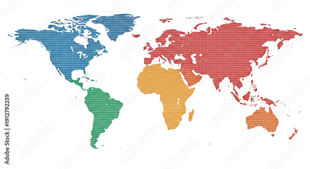 Obraz premium Digital Pixelated World Map Vector Illustration. Global Geography Divided by Continent in Bright Colors with Modern Grid Pattern for Data Visualization.