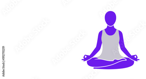 Minimalist Purple Yoga Silhouette: Person Meditating in Lotus Position (Padmasana) on White Background. Wellness and Zen Icon.