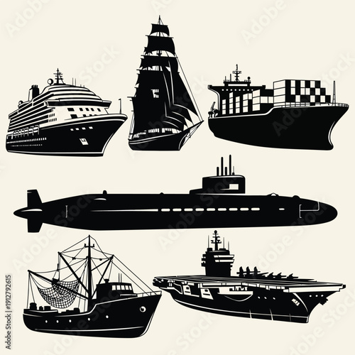 Collection of various ships and boats in black silhouette