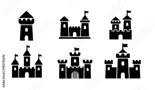 Castle icon set vector black flat fortress symbols isolated on transparent background