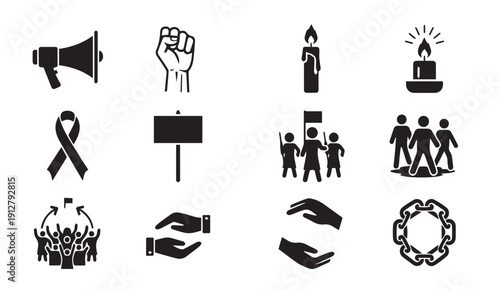 Set of black social activism icons on white background