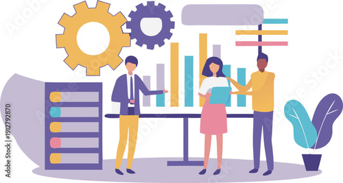 Three coworkers discussing business strategy with charts and graphs in a modern office setting
