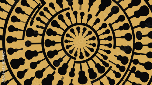 Vibrant guitar silhouette pattern in circular formation on yellow background