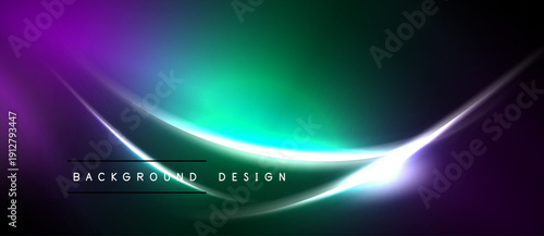 Abstract background features vibrant purple, green hues. Bright white lines curve across dark space. Text reads background design.