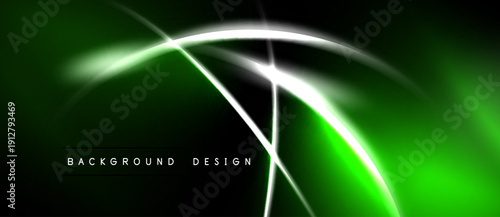 Abstract green background features bright white lines, curves. Modern design evokes energy, motion, sleekness. Minimalist aesthetic.