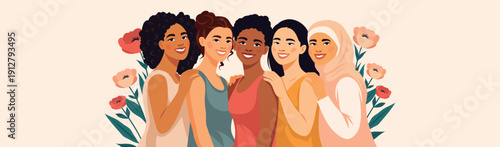 Vector horizontal banner with space for text for Women's Day, March 8, Equality Day. Women of different nationalities, cultures together, smiling, hugging on background of flowers. Unity, empowerment