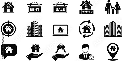 Real estate icons set for property rentals, house for sale, apartment hunting, residential leasing, family moving, home security, and brokerage.