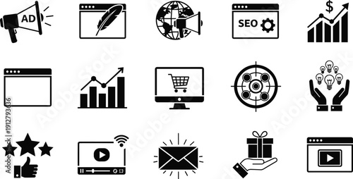 Digital marketing icons set for SEO strategy, content creation, social media advertising, global business growth, online shopping, email newsletters, and.