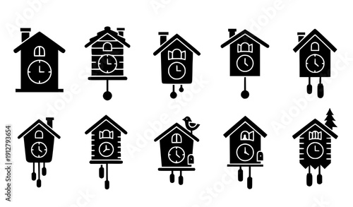 Cuckoo clock icon set vector black glyph traditional wall clock isolated on transparent background