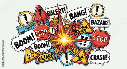 Wallpaper Mural Explosion of Warning Signs and Symbols: Danger, Alert, Stop, Boom, Crash Torontodigital.ca
