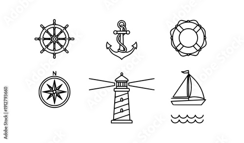 Nautical line icons set boat wheel anchor lighthouse vector isolated on transparent background