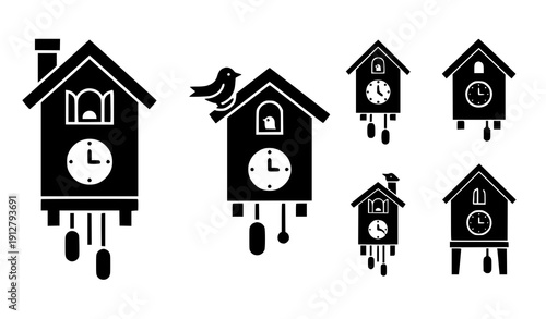 Minimal cuckoo clock icons set vector black filled glyph isolated on transparent background