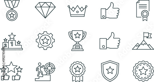 Professional award icons set for business achievement, success recognition, quality certificate, leadership trophy, career growth, goal orientation, and premium service.