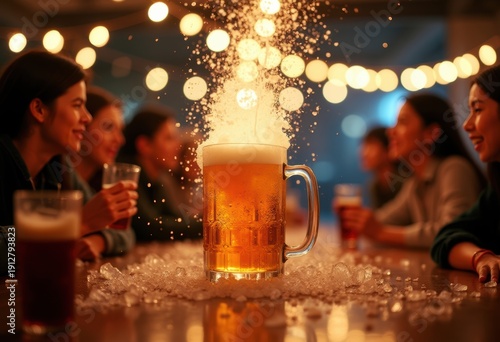 Energetic Sake Bomb Suspended in Beer Mug Surrounded by Noisy Student Crowd Celebrating