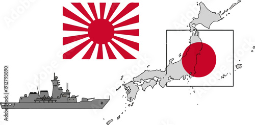 A stylized depiction of Japan with a warship and the imperial sun flag