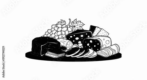 Assortment of cheese, meat, crackers, and grapes arranged artfully