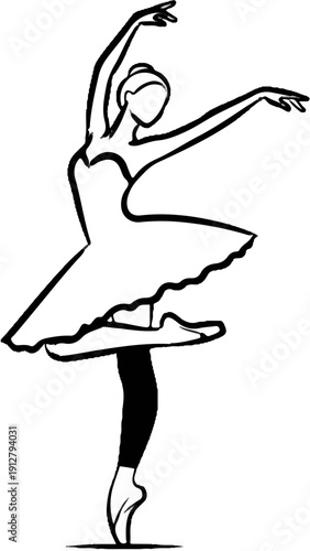 A stylized drawing of a ballet dancer en pointe in a tutu, arms extended