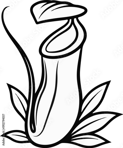 A stylized drawing of a pitcher plant with leaves