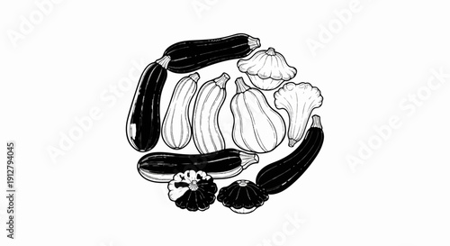 Assortment of dark and light squash and gourds arranged in a circular pattern