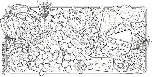 Assortment of cheeses, nuts, fruits, and meats on a platter